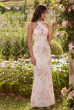 Halter Pink White Sheath Open Back Floral Dress