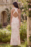 Halter Pink White Sheath Open Back Floral Dress