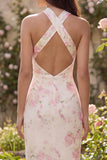 Halter Pink White Sheath Open Back Floral Dress