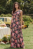 Black Pink Flower One Shoulder A-Line Maxi Printed Floral Dress