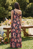 Black Pink Flower One Shoulder A-Line Maxi Printed Floral Dress