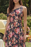 Black Pink Flower One Shoulder A-Line Maxi Printed Floral Dress