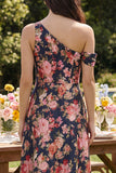 Black Pink Flower One Shoulder A-Line Maxi Printed Floral Dress