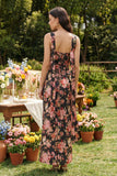 Strapless Sheath Black Pink Flower Printed Maxi Dress with a Neck Scarf
