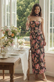 Strapless Sheath Black Pink Flower Printed Maxi Dress with a Neck Scarf