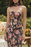 Strapless Sheath Black Pink Flower Printed Maxi Dress with a Neck Scarf