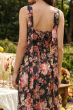 Strapless Sheath Black Pink Flower Printed Maxi Dress with a Neck Scarf