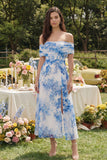 Off the Shoulder White Blue Flower A-Line Corset Maxi Dress with Slit