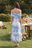 Off the Shoulder White Blue Flower A-Line Corset Maxi Dress with Slit
