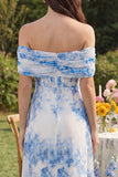 Off the Shoulder White Blue Flower A-Line Corset Maxi Dress with Slit