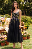 Black A-Line Tulle Spaghetti Straps Midi Dress