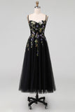 Black A-Line Tulle Spaghetti Straps Midi Dress