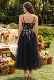 Black A-Line Tulle Spaghetti Straps Midi Dress