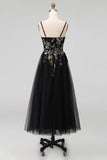 Black A-Line Tulle Spaghetti Straps Midi Dress