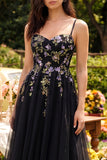 Black A-Line Tulle Spaghetti Straps Midi Dress