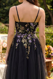 Black A-Line Tulle Spaghetti Straps Midi Dress