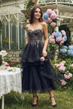 Black Strapless A-Line Organza Midi Dress with Ruffles