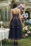Black Strapless A-Line Organza Midi Dress with Ruffles