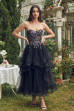 Black Strapless A-Line Organza Midi Dress with Ruffles
