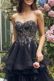 Black Strapless A-Line Organza Midi Dress with Ruffles