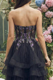 Black Strapless A-Line Organza Midi Dress with Ruffles