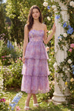 Strapless Purple A-Line Tulle Ruffled Midi Dress