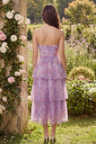 Strapless Purple A-Line Tulle Ruffled Midi Dress