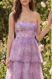 Strapless Purple A-Line Tulle Ruffled Midi Dress