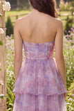Strapless Purple A-Line Tulle Ruffled Midi Dress