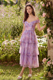Purple Off the Shoulder A-Line Tiered Tulle Midi Dress