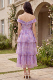 Purple Off the Shoulder A-Line Tiered Tulle Midi Dress
