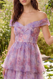 Purple Off the Shoulder A-Line Tiered Tulle Midi Dress
