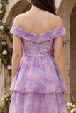 Purple Off the Shoulder A-Line Tiered Tulle Midi Dress