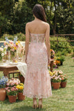 Strapless Pink Mermaid Sheer Corset Maxi Dress with Sequins