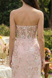 Strapless Pink Mermaid Sheer Corset Maxi Dress with Sequins