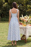 Blue A Line Jacquard Square Neck Floral Dress