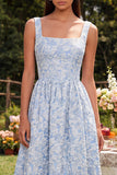 Blue A Line Jacquard Square Neck Floral Dress