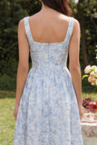 Blue A Line Jacquard Square Neck Floral Dress