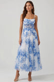 White Blue Flower A-Line Corset Spaghetti Straps Maxi Dress