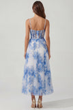 White Blue Flower A-Line Corset Spaghetti Straps Maxi Dress