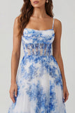 White Blue Flower A-Line Corset Spaghetti Straps Maxi Dress