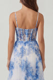 White Blue Flower A-Line Corset Spaghetti Straps Maxi Dress