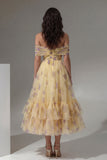 Yellow Floral Off the Shoulder A-Line Tulle Midi Dress with Ruffles