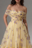 Yellow Floral Off the Shoulder A-Line Tulle Midi Dress with Ruffles