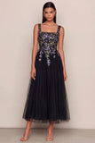 Black Sequins A-Line Tulle Square Neck Maxi Dress