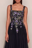 Black Sequins A-Line Tulle Square Neck Maxi Dress