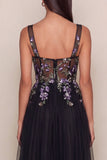 Black Sequins A-Line Tulle Square Neck Maxi Dress