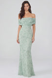 Off the Shoulder Dusty Sage Print Sheath Maxi Chiffon Dress