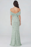 Off the Shoulder Dusty Sage Print Sheath Maxi Chiffon Dress