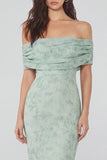 Off the Shoulder Dusty Sage Print Sheath Maxi Chiffon Dress